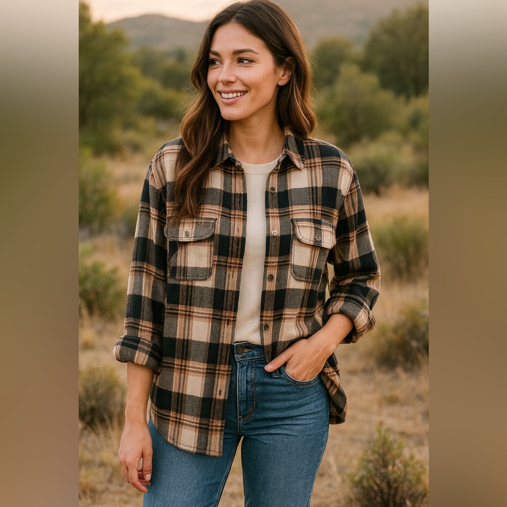 Allie Rose Plaid Shacket Large Tan Black Cream Soft Oversized Button Down